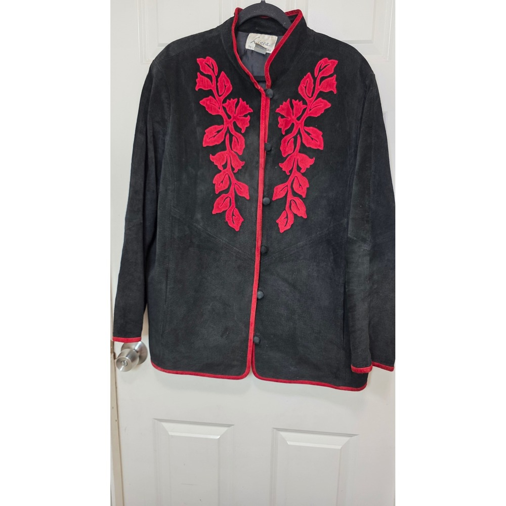 VTG Linea Louis Dell'Olio Suede Jacket Womens 1X Black Red Floral Embroidered